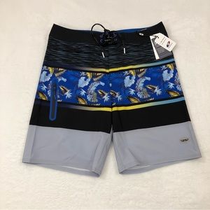 Rokka&Rolla 4 Way Stretch Black Blue Floral Surf Swim Trunks Board Shorts Men 33